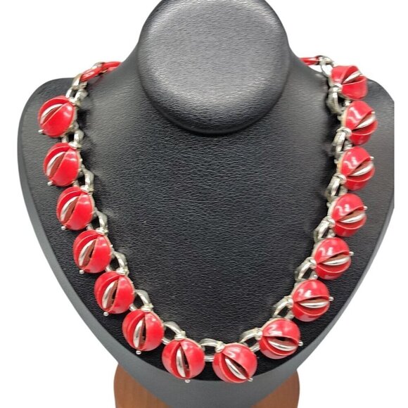 Lisner Thermoset Cherries Necklace 17" Red & Silver Tone 1950s Signed - Picture 1 of 16